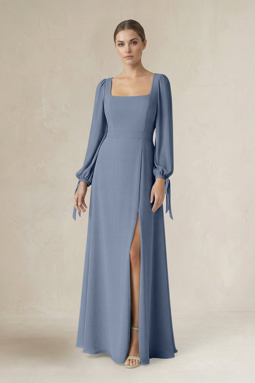 Square Neck Long Sleeve A-Line Chiffon Bridesmaid Dress in Neptune - SHE IS ME BRIDESMAID DRESSES