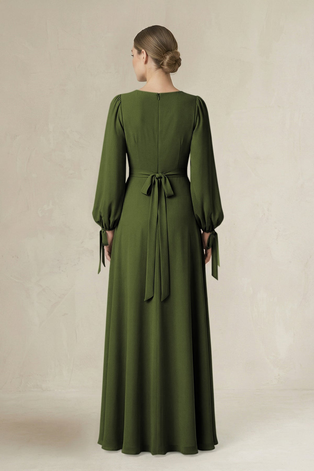 Square Neck Long Sleeve A-Line Chiffon Bridesmaid Dress in Olive - KISS BRIDAL BRIDESMAID DRESSES