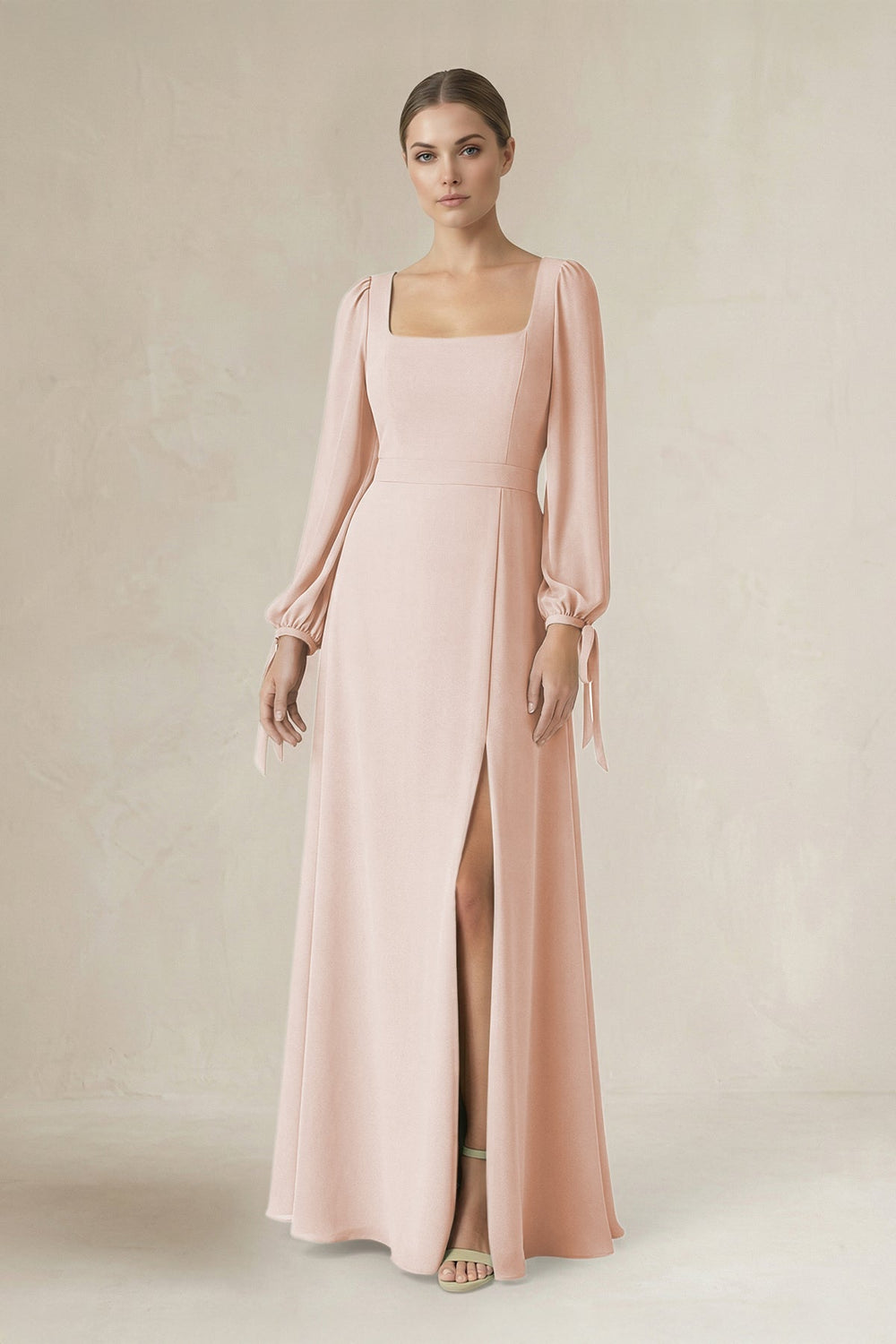 Square Neck Long Sleeve A-Line Chiffon Bridesmaid Dress in Pale Blush - KISS BRIDAL BRIDESMAID DRESSES