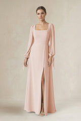 Square Neck Long Sleeve A-Line Chiffon Bridesmaid Dress in Pale Blush - KISS BRIDAL BRIDESMAID DRESSES