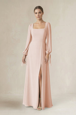 Square Neck Long Sleeve A-Line Chiffon Bridesmaid Dress in Pale Blush - SHE IS ME BRIDESMAID DRESSES