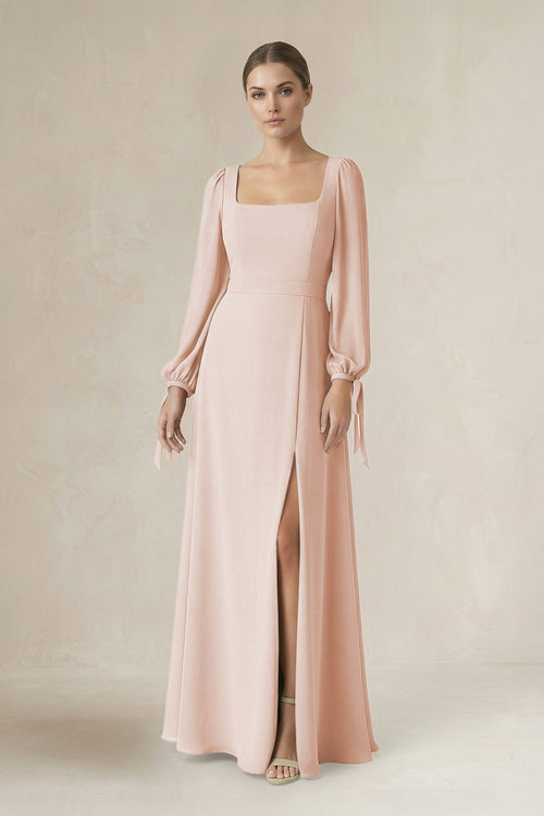 Square Neck Long Sleeve A-Line Chiffon Bridesmaid Dress in Pale Blush - SHE IS ME BRIDESMAID DRESSES