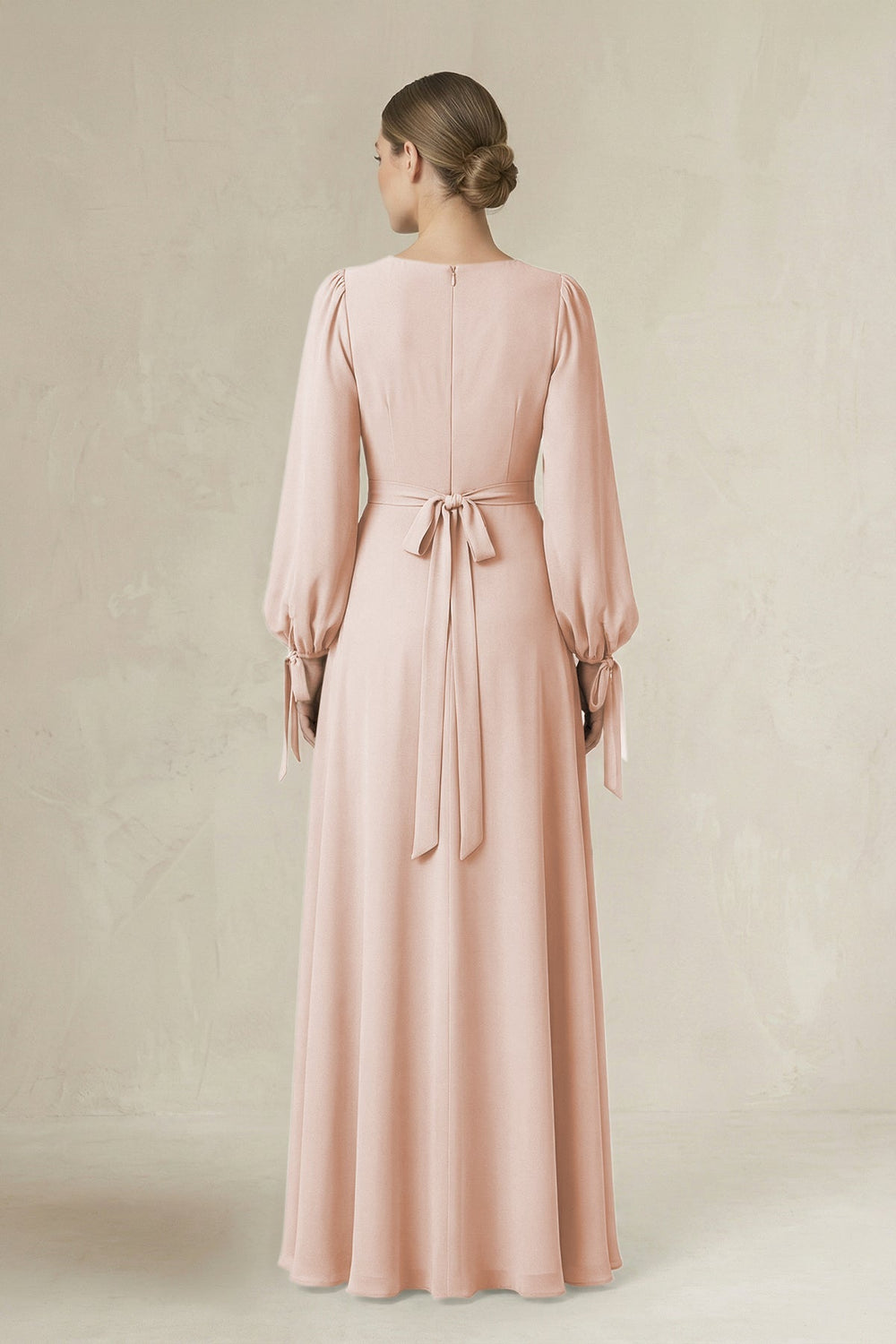 Square Neck Long Sleeve A-Line Chiffon Bridesmaid Dress in Pale Blush - KISS BRIDAL BRIDESMAID DRESSES
