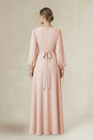 Square Neck Long Sleeve A-Line Chiffon Bridesmaid Dress in Pale Blush - SHE IS ME BRIDESMAID DRESSES