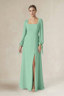Square Neck Long Sleeve A-Line Chiffon Bridesmaid Dress in Pale Pistachio - SHE IS ME BRIDESMAID DRESSES