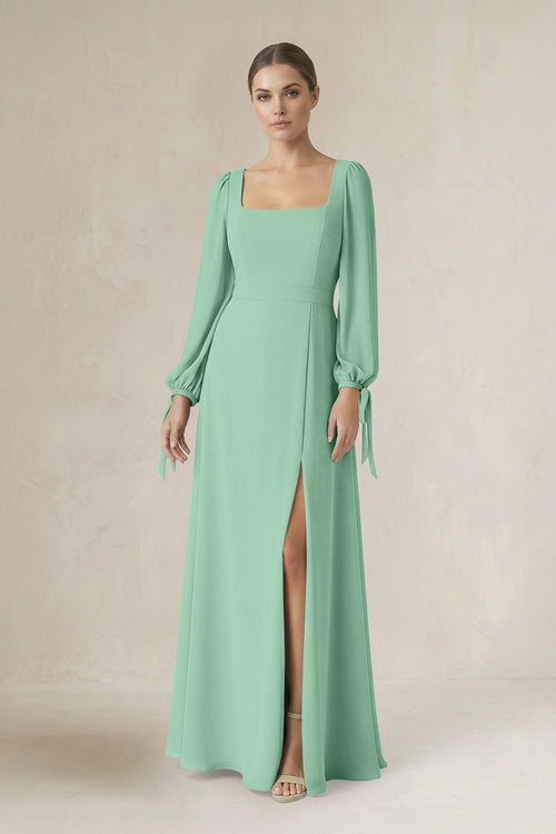 Square Neck Long Sleeve A-Line Chiffon Bridesmaid Dress in Pale Pistachio - SHE IS ME BRIDESMAID DRESSES