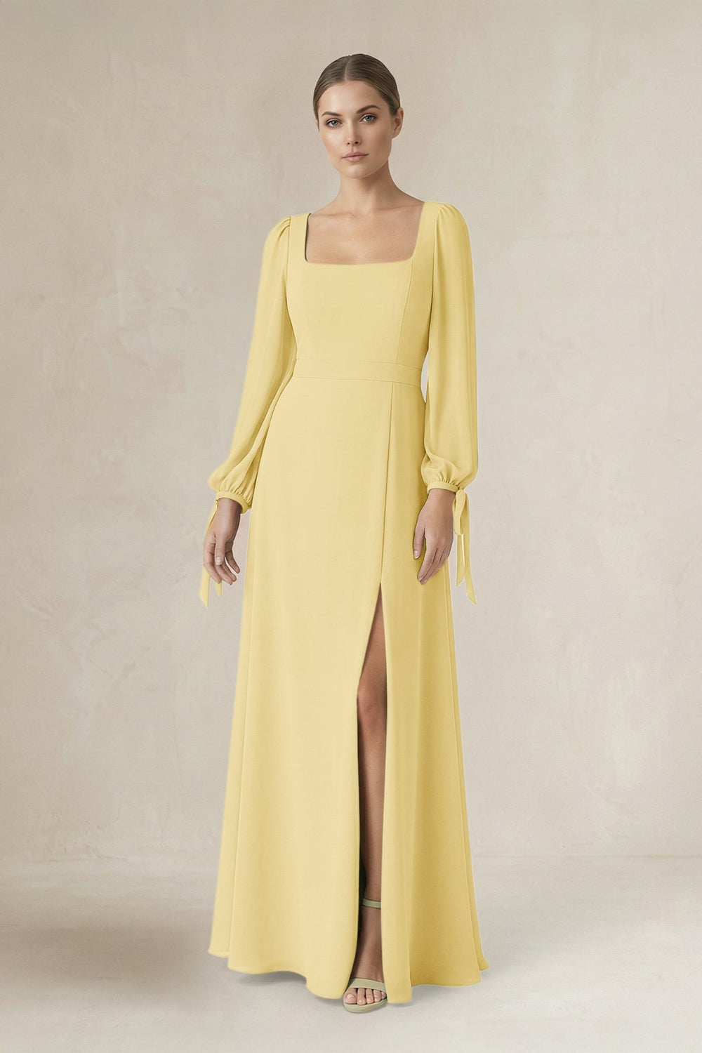 Square Neck Long Sleeve A-Line Chiffon Bridesmaid Dress in Pastel Yellow - KISS BRIDAL BRIDESMAID DRESSES