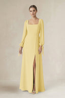 Square Neck Long Sleeve A-Line Chiffon Bridesmaid Dress in Pastel Yellow - SHE IS ME BRIDESMAID DRESSES