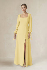 Square Neck Long Sleeve A-Line Chiffon Bridesmaid Dress in Pastel Yellow - KISS BRIDAL BRIDESMAID DRESSES