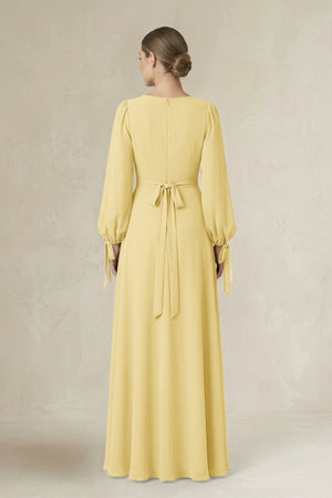 Square Neck Long Sleeve A-Line Chiffon Bridesmaid Dress in Pastel Yellow - SHE IS ME BRIDESMAID DRESSES