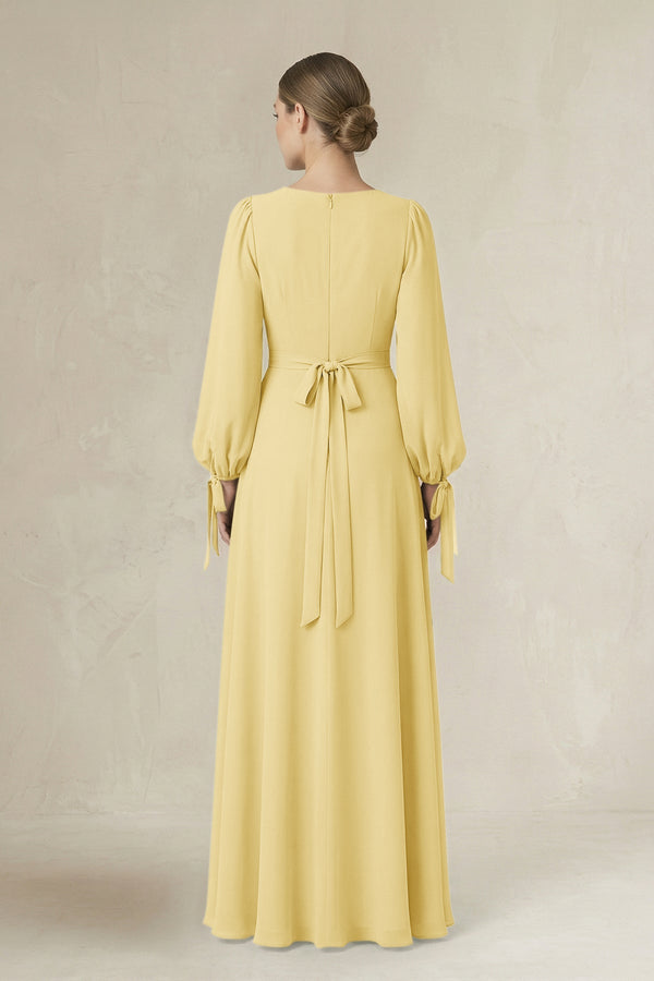 Square Neck Long Sleeve A-Line Chiffon Bridesmaid Dress in Pastel Yellow - SHE IS ME BRIDESMAID DRESSES