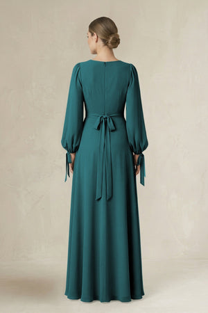 Square Neck Long Sleeve A-Line Chiffon Bridesmaid Dress in Pine - SHE IS ME BRIDESMAID DRESSES