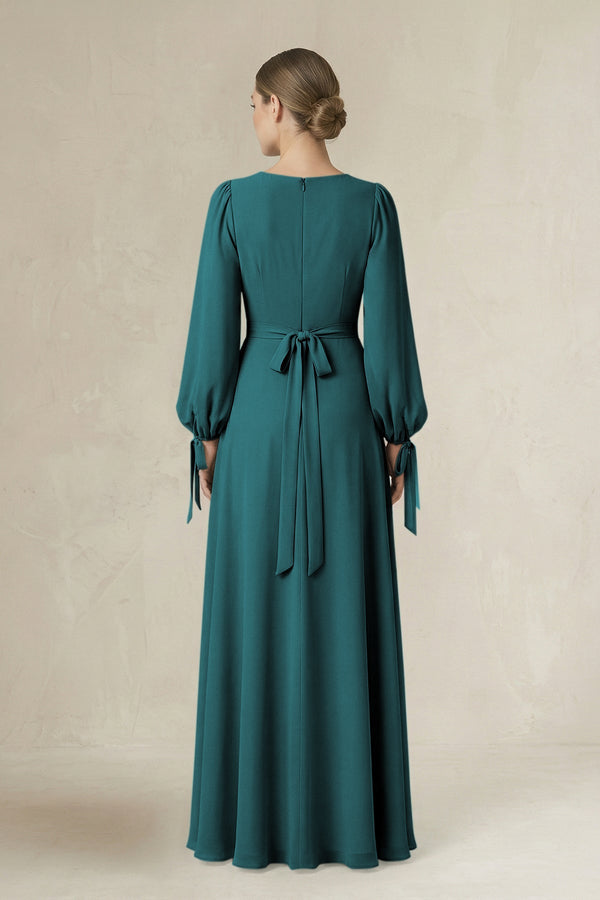 Square Neck Long Sleeve A-Line Chiffon Bridesmaid Dress in Pine - SHE IS ME BRIDESMAID DRESSES