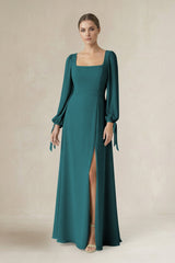 Square Neck Long Sleeve A-Line Chiffon Bridesmaid Dress in Pine - KISS BRIDAL BRIDESMAID DRESSES
