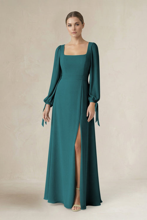 Square Neck Long Sleeve A-Line Chiffon Bridesmaid Dress in Pine - SHE IS ME BRIDESMAID DRESSES