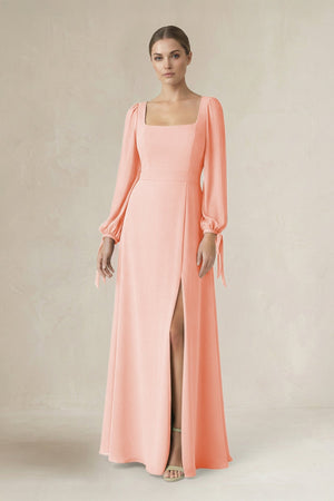 Square Neck Long Sleeve A-Line Chiffon Bridesmaid Dress in Rose Petal - SHE IS ME BRIDESMAID DRESSES