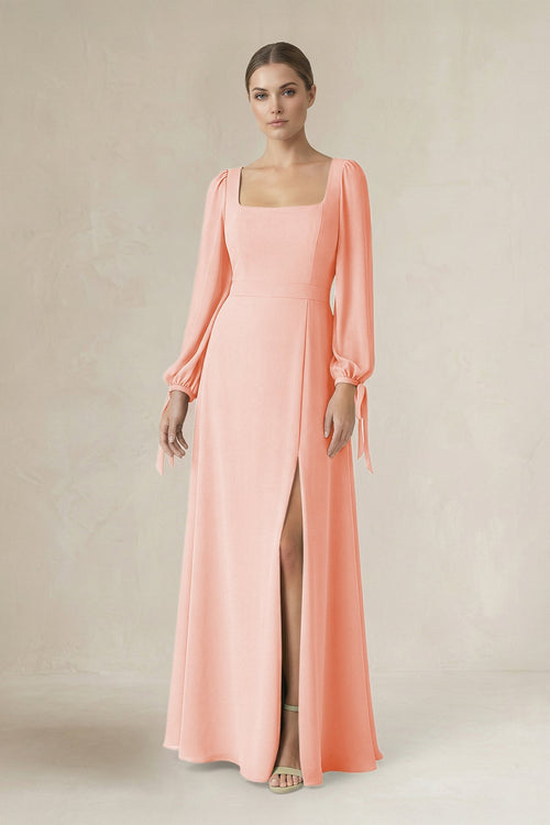 Square Neck Long Sleeve A-Line Chiffon Bridesmaid Dress in Rose Petal - SHE IS ME BRIDESMAID DRESSES