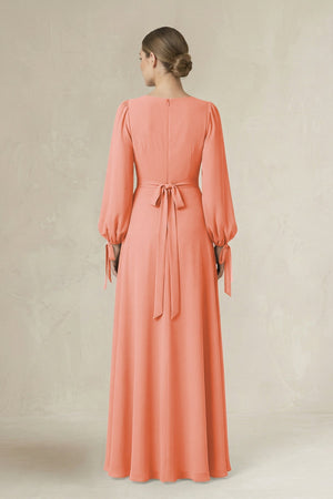 Square Neck Long Sleeve A-Line Chiffon Bridesmaid Dress in Rosette - SHE IS ME BRIDESMAID DRESSES