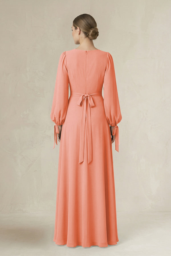 Square Neck Long Sleeve A-Line Chiffon Bridesmaid Dress in Rosette - SHE IS ME BRIDESMAID DRESSES