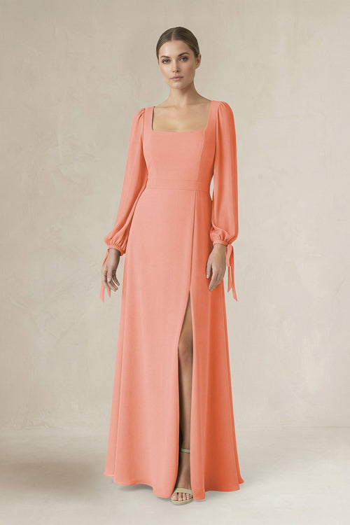 Square Neck Long Sleeve A-Line Chiffon Bridesmaid Dress in Rosette - SHE IS ME BRIDESMAID DRESSES