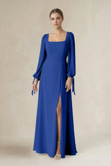 Square Neck Long Sleeve A-Line Chiffon Bridesmaid Dress in Royal Blue - KISS BRIDAL BRIDESMAID DRESSES