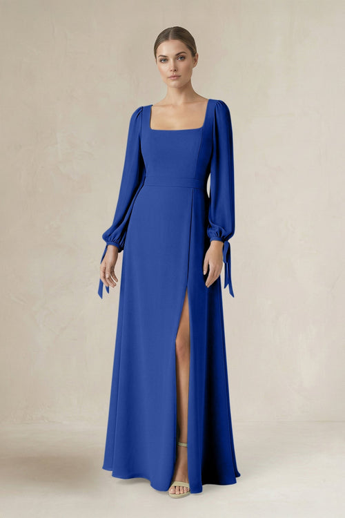 Square Neck Long Sleeve A-Line Chiffon Bridesmaid Dress in Royal Blue - SHE IS ME BRIDESMAID DRESSES