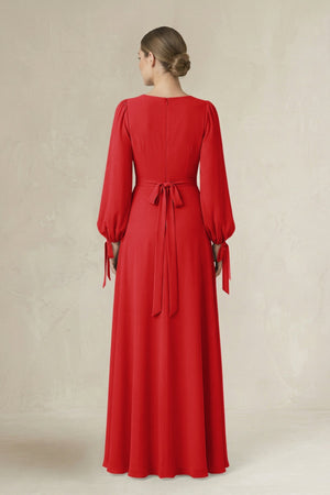 Square Neck Long Sleeve A-Line Chiffon Bridesmaid Dress in Ruby Red - SHE IS ME BRIDESMAID DRESSES