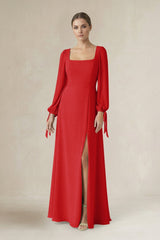 Square Neck Long Sleeve A-Line Chiffon Bridesmaid Dress in Ruby Red - KISS BRIDAL BRIDESMAID DRESSES