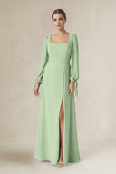 Square Neck Long Sleeve A-Line Chiffon Bridesmaid Dress in Sage - SHE IS ME BRIDESMAID DRESSES