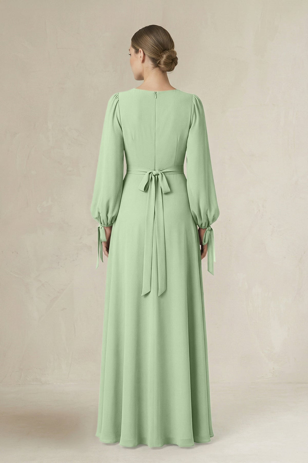 Square Neck Long Sleeve A-Line Chiffon Bridesmaid Dress in Sage - KISS BRIDAL BRIDESMAID DRESSES