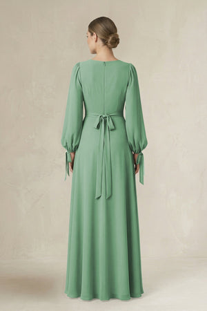 Square Neck Long Sleeve A-Line Chiffon Bridesmaid Dress in Sea Glass - SHE IS ME BRIDESMAID DRESSES