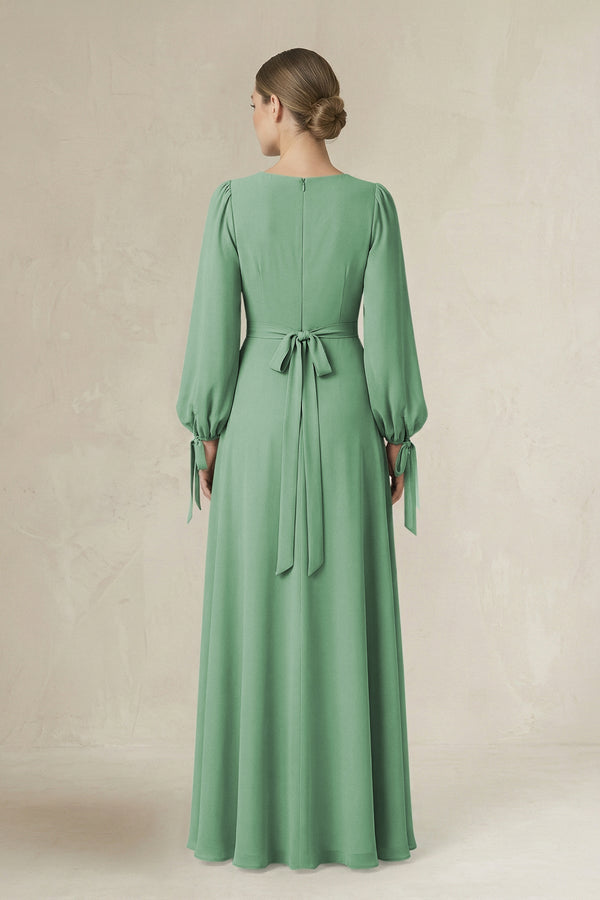 Square Neck Long Sleeve A-Line Chiffon Bridesmaid Dress in Sea Glass - SHE IS ME BRIDESMAID DRESSES