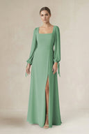 Square Neck Long Sleeve A-Line Chiffon Bridesmaid Dress in Sea Glass - SHE IS ME BRIDESMAID DRESSES