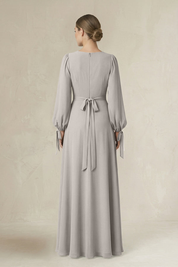 Square Neck Long Sleeve A-Line Chiffon Bridesmaid Dress in Silver - SHE IS ME BRIDESMAID DRESSES
