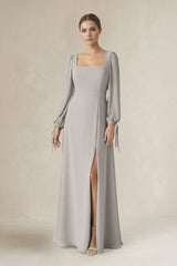 Square Neck Long Sleeve A-Line Chiffon Bridesmaid Dress in Silver - KISS BRIDAL BRIDESMAID DRESSES