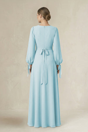 Square Neck Long Sleeve A-Line Chiffon Bridesmaid Dress in Sky Blue - SHE IS ME BRIDESMAID DRESSES