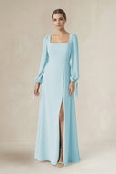 Square Neck Long Sleeve A-Line Chiffon Bridesmaid Dress in Sky Blue - SHE IS ME BRIDESMAID DRESSES