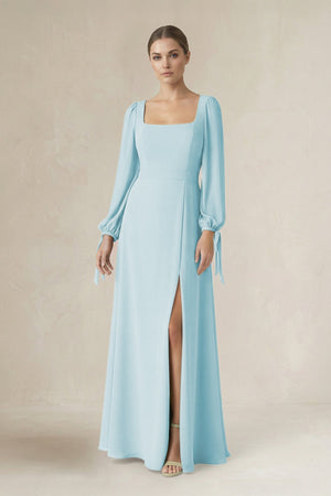 Square Neck Long Sleeve A-Line Chiffon Bridesmaid Dress in Sky Blue - SHE IS ME BRIDESMAID DRESSES