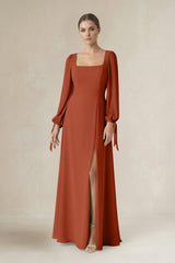 Square Neck Long Sleeve A-Line Chiffon Bridesmaid Dress in Spice - KISS BRIDAL BRIDESMAID DRESSES