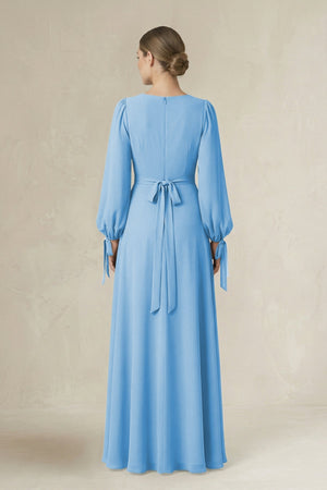 Square Neck Long Sleeve A-Line Chiffon Bridesmaid Dress in Steel Blue - SHE IS ME BRIDESMAID DRESSES