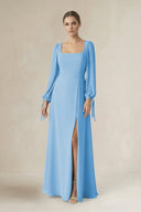 Square Neck Long Sleeve A-Line Chiffon Bridesmaid Dress in Steel Blue - SHE IS ME BRIDESMAID DRESSES