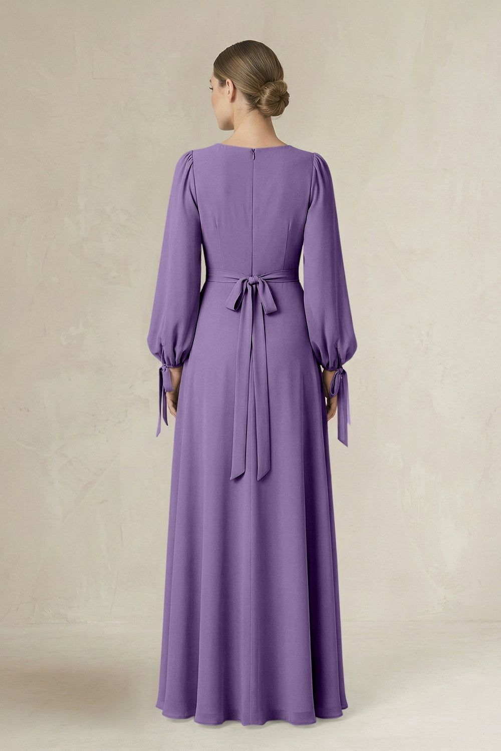 Square Neck Long Sleeve A-Line Chiffon Bridesmaid Dress in Tahiti - KISS BRIDAL BRIDESMAID DRESSES