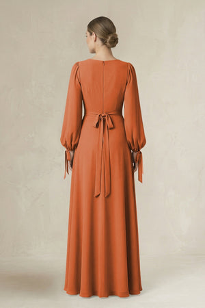 Square Neck Long Sleeve A-Line Chiffon Bridesmaid Dress in Terracotta - SHE IS ME BRIDESMAID DRESSES