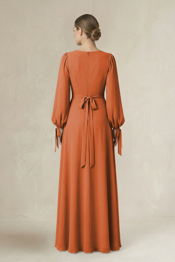 Square Neck Long Sleeve A-Line Chiffon Bridesmaid Dress in Terracotta - SHE IS ME BRIDESMAID DRESSES