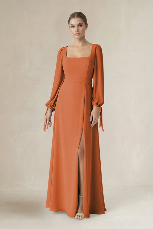 Square Neck Long Sleeve A-Line Chiffon Bridesmaid Dress in Terracotta - SHE IS ME BRIDESMAID DRESSES