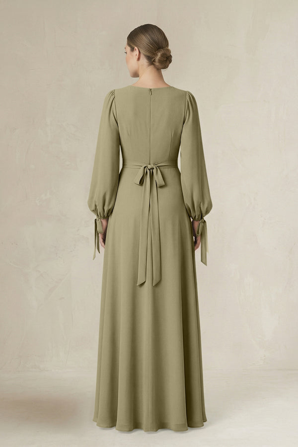 Square Neck Long Sleeve A-Line Chiffon Bridesmaid Dress in Thyme - SHE IS ME BRIDESMAID DRESSES