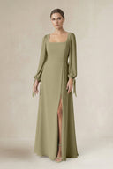Square Neck Long Sleeve A-Line Chiffon Bridesmaid Dress in Thyme - SHE IS ME BRIDESMAID DRESSES
