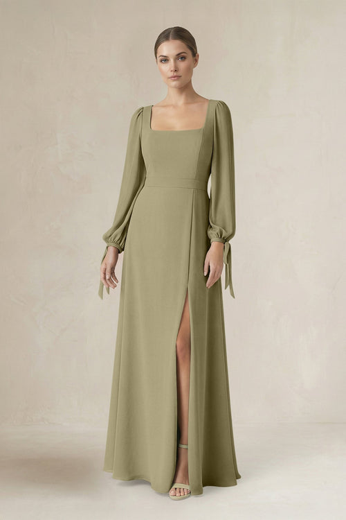 Square Neck Long Sleeve A-Line Chiffon Bridesmaid Dress in Thyme - SHE IS ME BRIDESMAID DRESSES