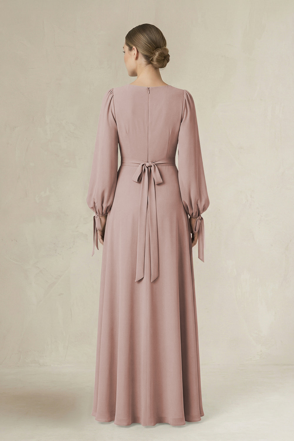 Square Neck Long Sleeve A-Line Chiffon Bridesmaid Dress in Toffee