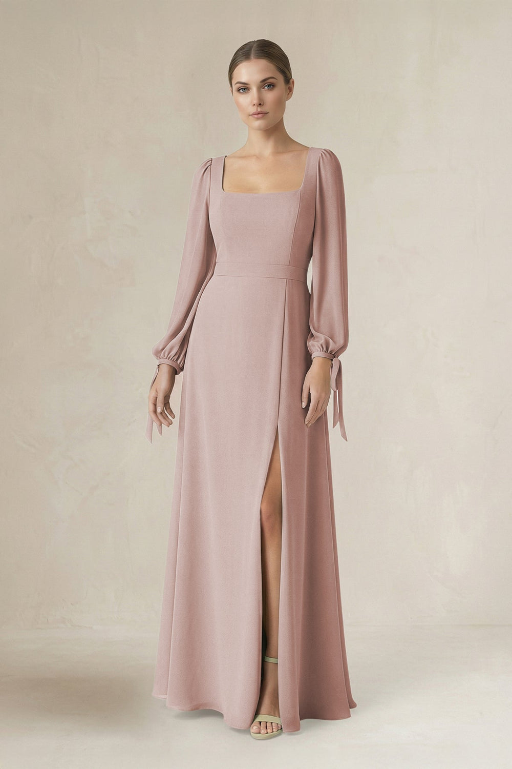 Square Neck Long Sleeve A-Line Chiffon Bridesmaid Dress in Toffee - KISS BRIDAL BRIDESMAID DRESSES